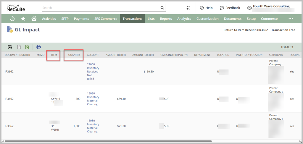 Same transaction — now Document Number, Item, Quantity, Inventory Location, and more all surface inline.