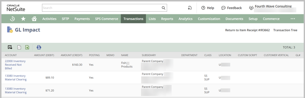 The default NetSuite GL Impact screen showing only account, amount, posting, memo, name, subsidiary, department, class, location, and custom script columns — no item column visible.